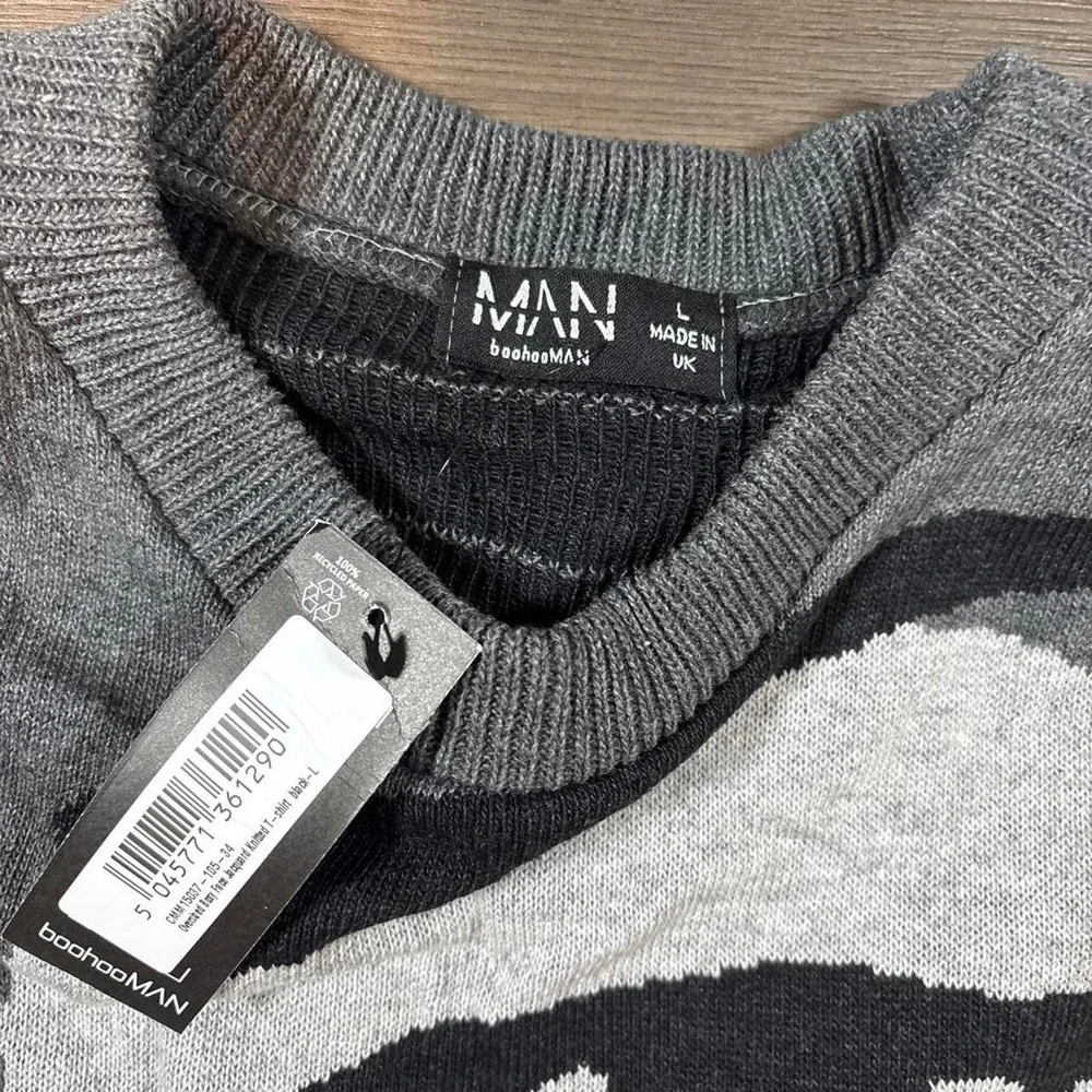 BooHooMAN gray sweater with white and black face graphic, size L